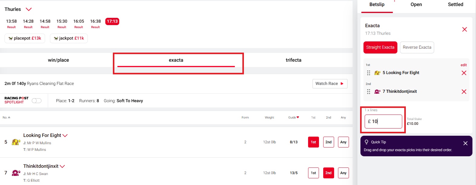 image of a tote racecard with an exacta bet added to the betslip and a stake of £10 entered